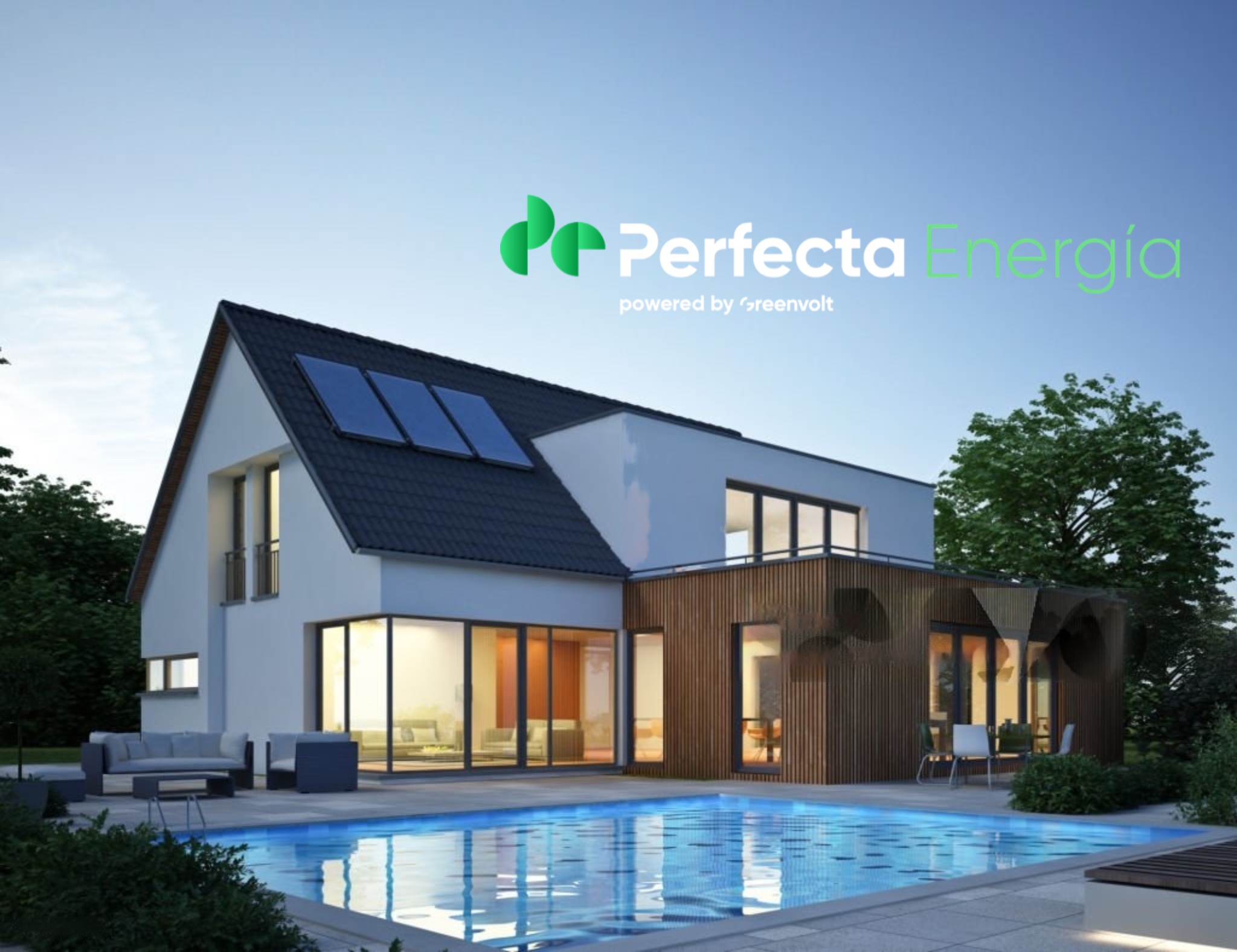 casa con placas solares con batería o sin batería iluminada en un atardecer frente a la piscina con el logo de perfecta energía