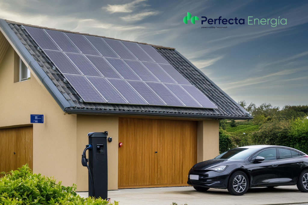 coche electrico cargando en una casa con placas solares