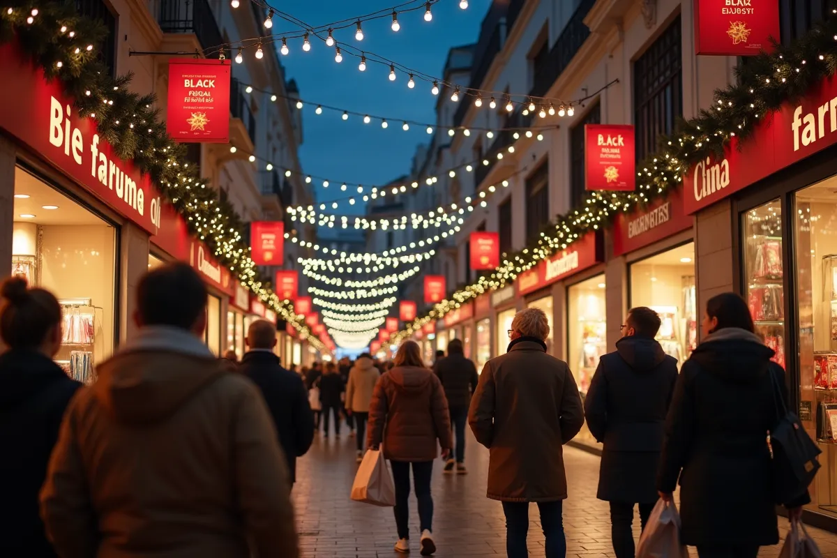 Consumo energético del black friday en una calle iluminada con gente