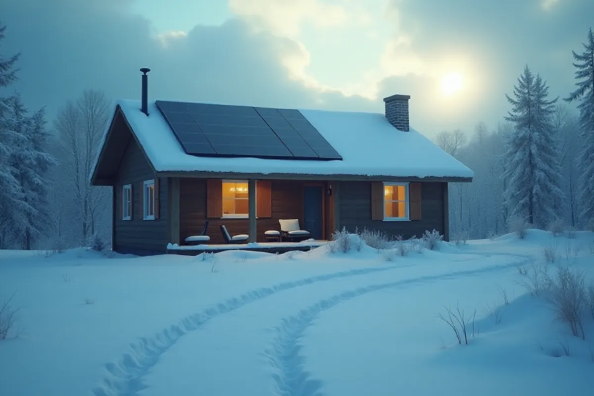 Casa rural cubierta de nieve con paneles solares en el techo iluminada por el sol invernal