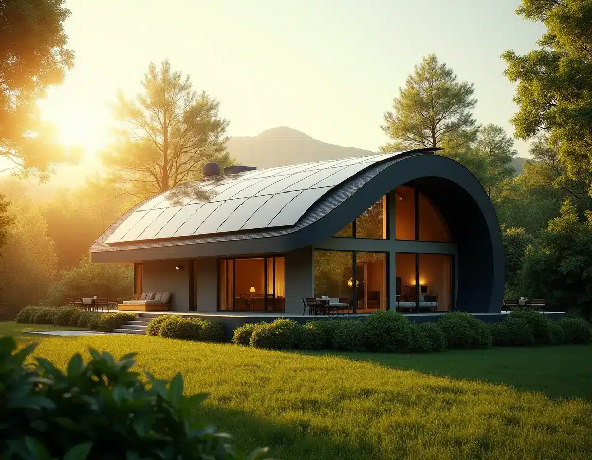 Casa moderna con paneles solares curvos de perovskita integrados en el techo, rodeada de naturaleza y bañada por la luz del atardecer.