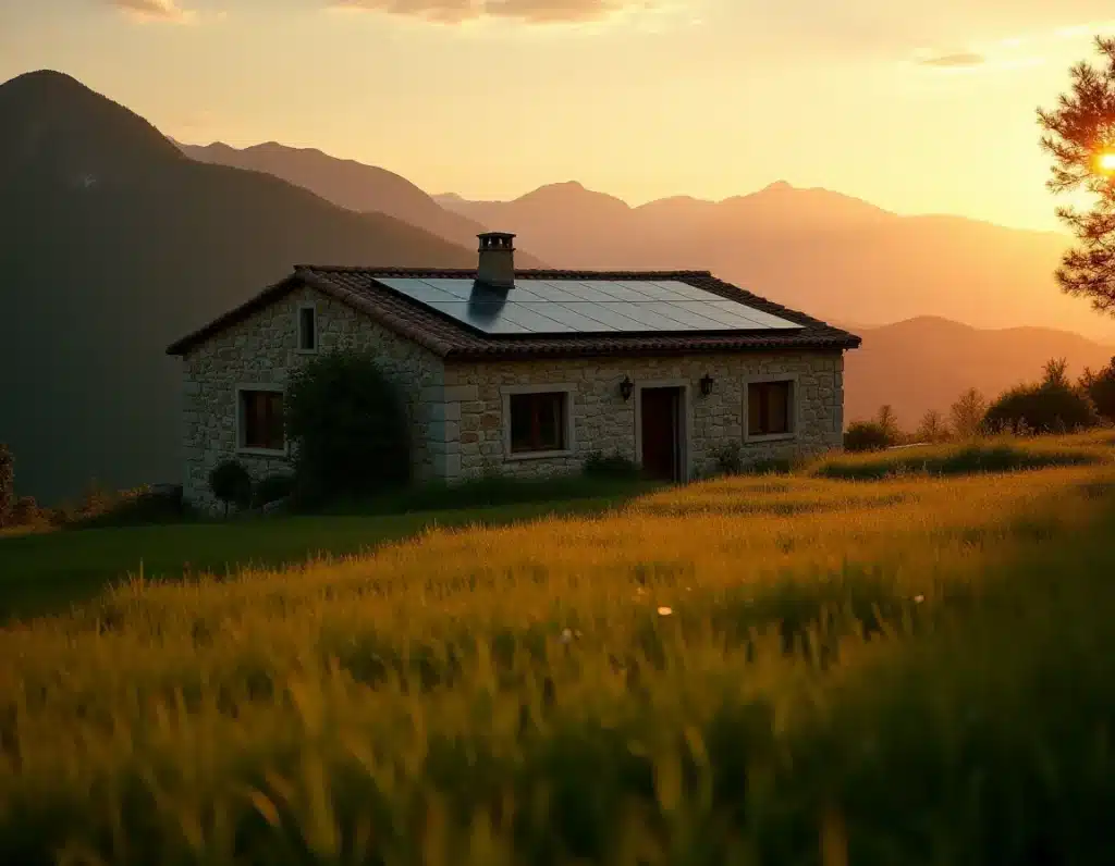 Casa de piedra en un entorno rural al atardecer, con un tejado equipado con placas solares y un paisaje de montañas al fondo.