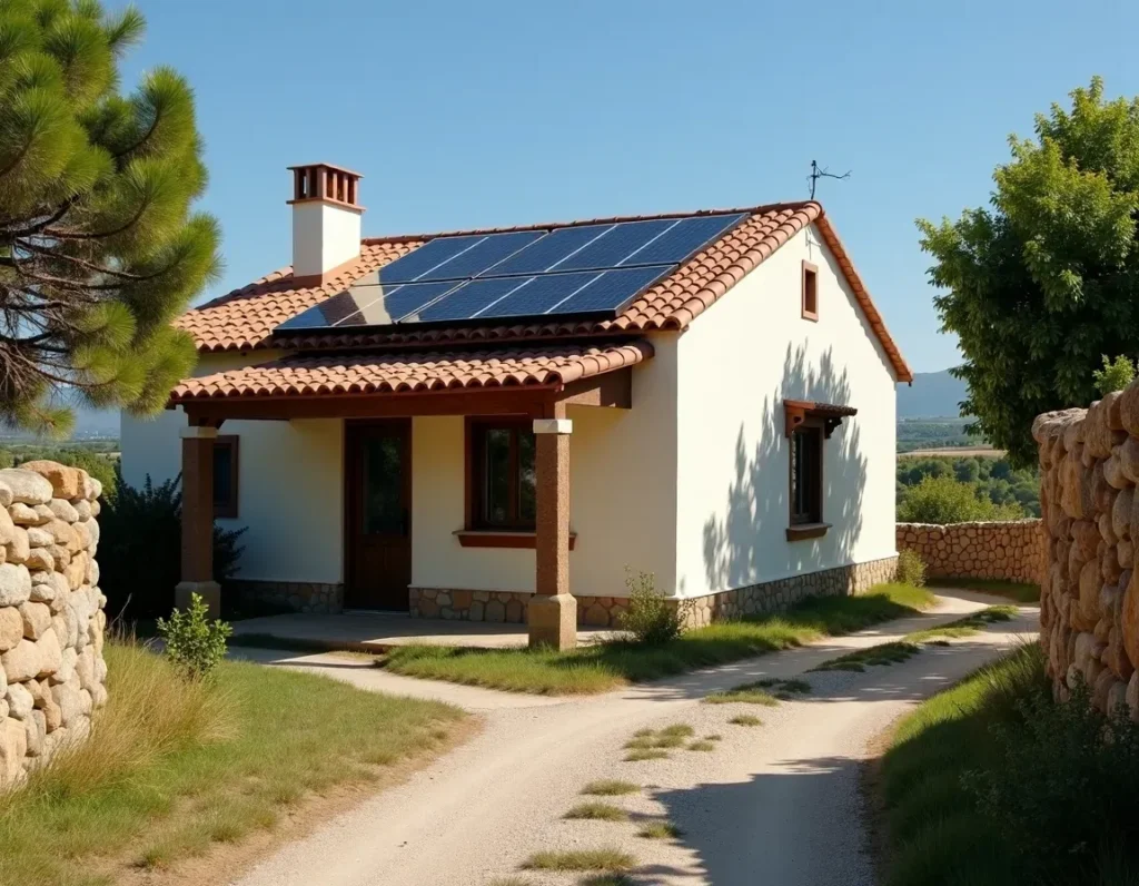 Casa de campo con paneles solares instalados en el tejado, rodeada de naturaleza y caminos rurales, con un cielo despejado al fondo.