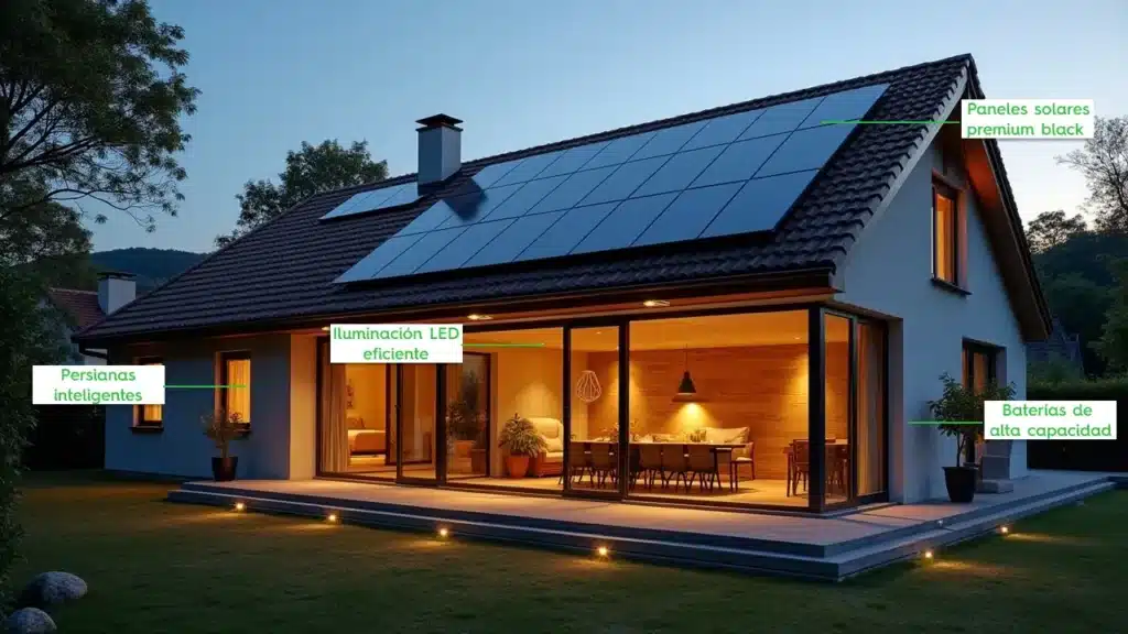 Fachada nocturna de una casa moderna con paneles solares premium black en el tejado, iluminación LED en la terraza y una pareja en la entrada. El sistema integra persianas inteligentes y baterías de alta capacidad para un consumo energético sostenible.