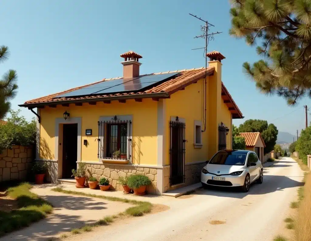 Casa rural con paneles solares instalados en el tejado y un coche eléctrico aparcado en la entrada, en un entorno tranquilo con árboles y cielo despejado.