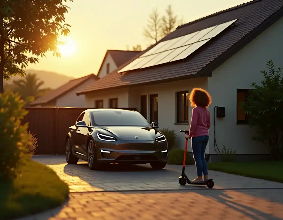 Vivienda sostenible con paneles solares en el tejado, un coche eléctrico cargando y una persona con patinete eléctrico al atardecer, ejemplificando la transición hacia la eficiencia energética con energía solar y movilidad eléctrica.