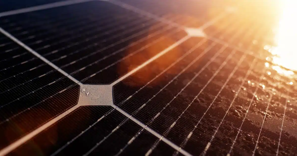 Primer plano de panel solar fotovoltaico con luz de atardecer | energía renovable y sostenible