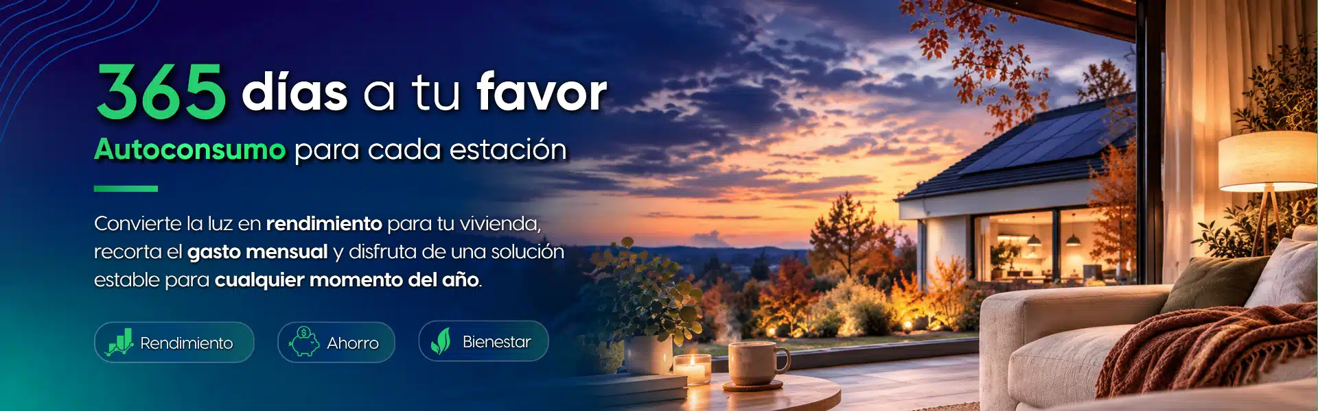 Autoconsumo solar residencial con paneles fotovoltaicos en vivienda eficiente para ahorrar energía y reducir la factura de la luz.